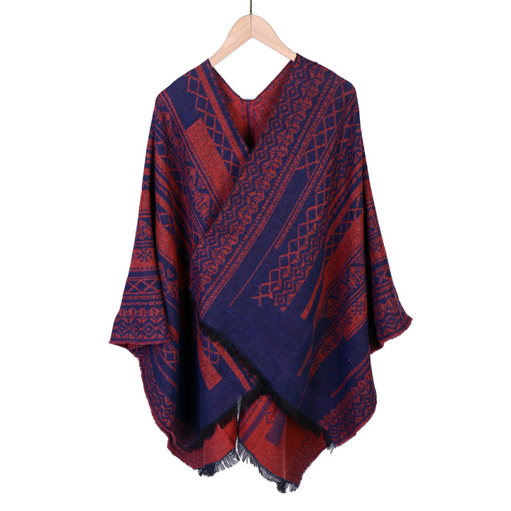 Damen Ruana-Poncho im kastigen Kimono-Fall mit feiner Jacquard‑Webstruktur und Fransensaum Drune