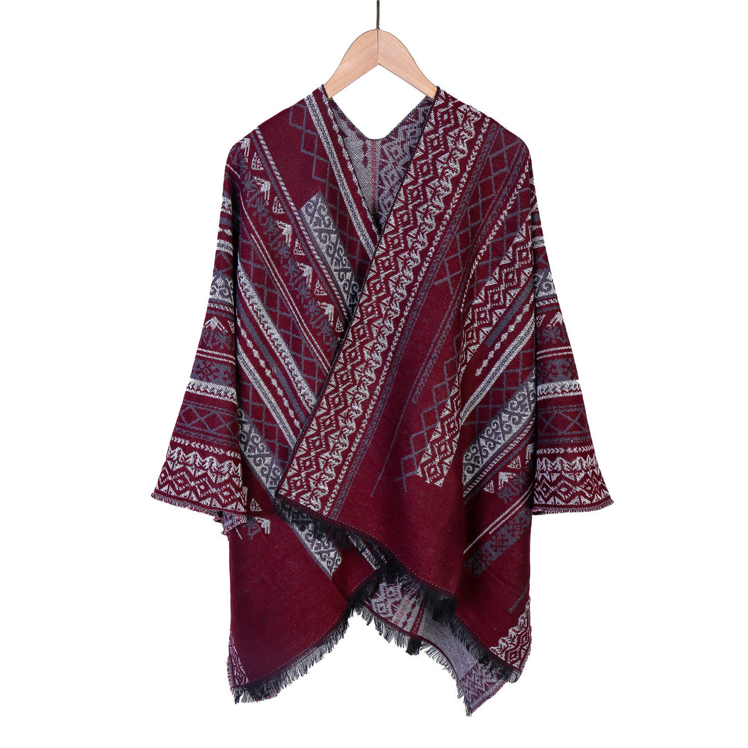 Damen Ruana-Poncho im kastigen Kimono-Fall mit feiner Jacquard‑Webstruktur und Fransensaum Drune