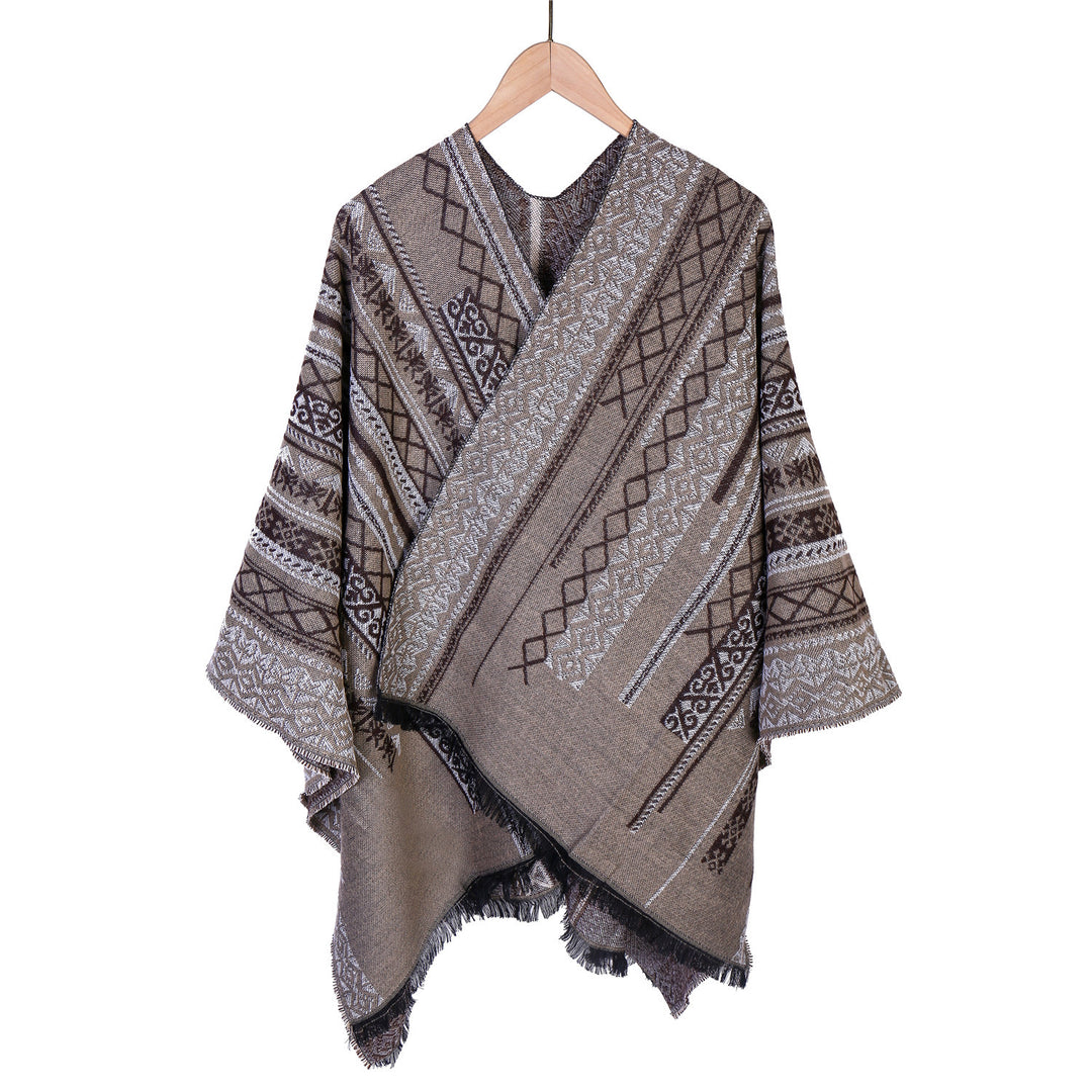 Damen Ruana-Poncho im kastigen Kimono-Fall mit feiner Jacquard‑Webstruktur und Fransensaum Drune