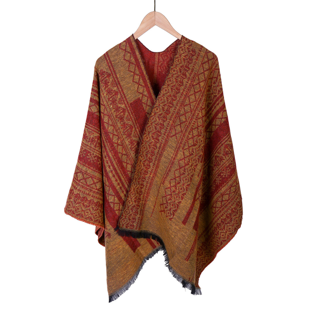 Damen Ruana-Poncho im kastigen Kimono-Fall mit feiner Jacquard‑Webstruktur und Fransensaum Drune