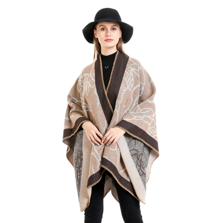 Damen Oversize-Strickruana mit floraler Kontraststickerei Drune