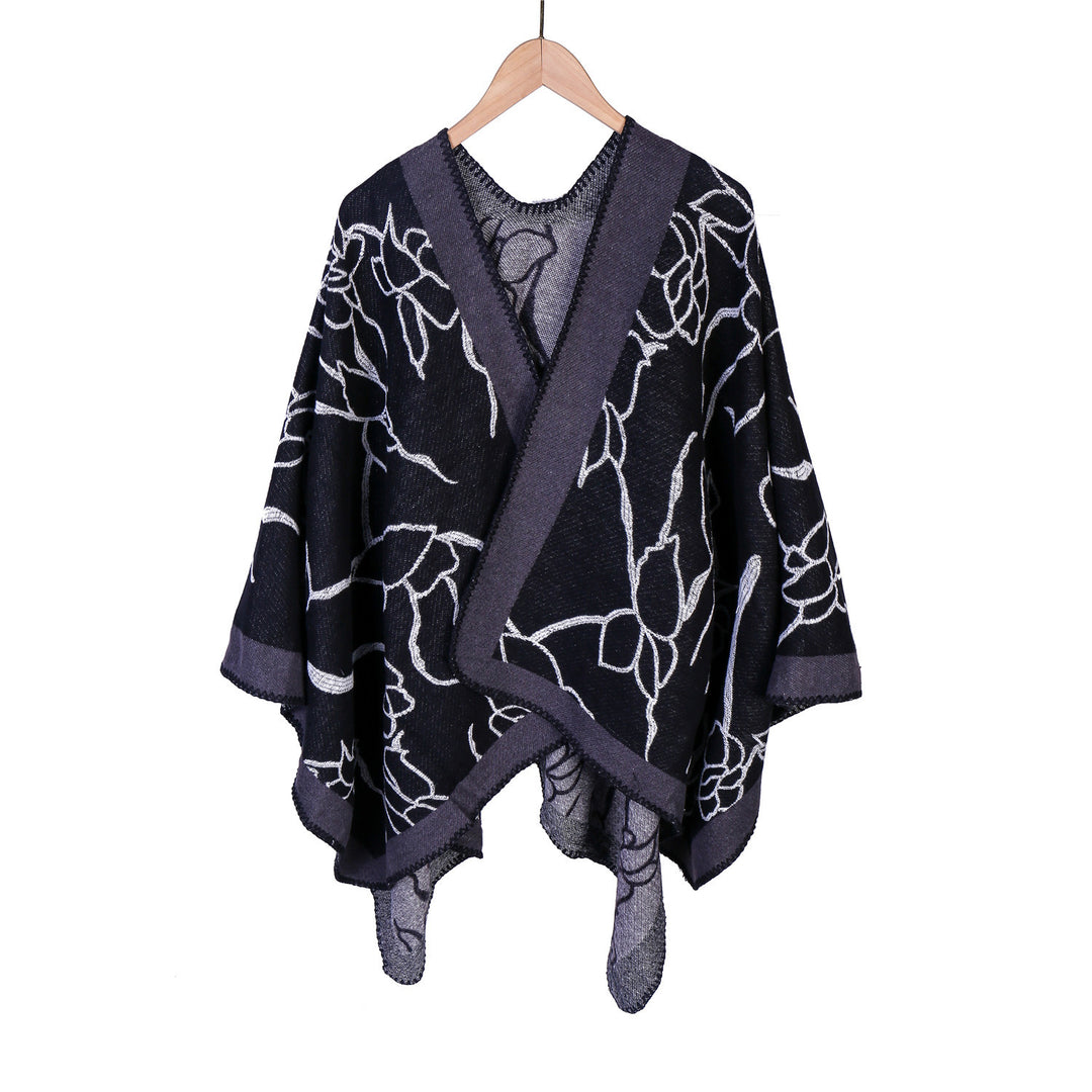 Damen Oversize-Strickruana mit floraler Kontraststickerei Drune