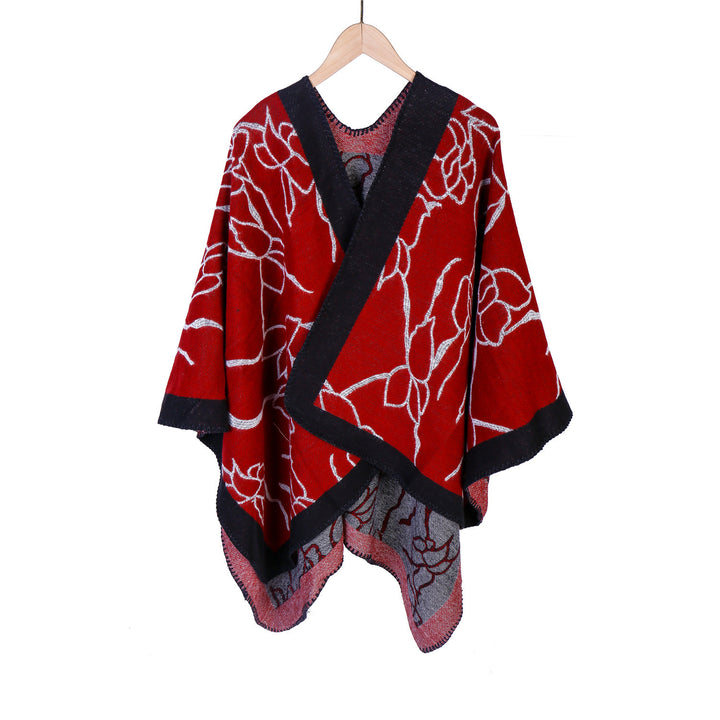 Damen Oversize-Strickruana mit floraler Kontraststickerei Drune