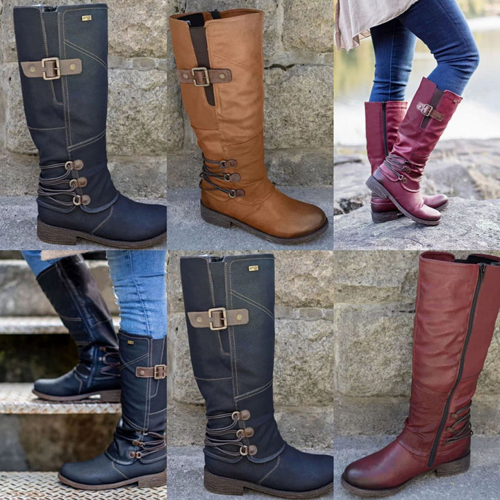 Damen nan wadenhohe Stiefel in Lederoptik mit verstellbaren Zierriemen und profilierter Gummisohle Drune