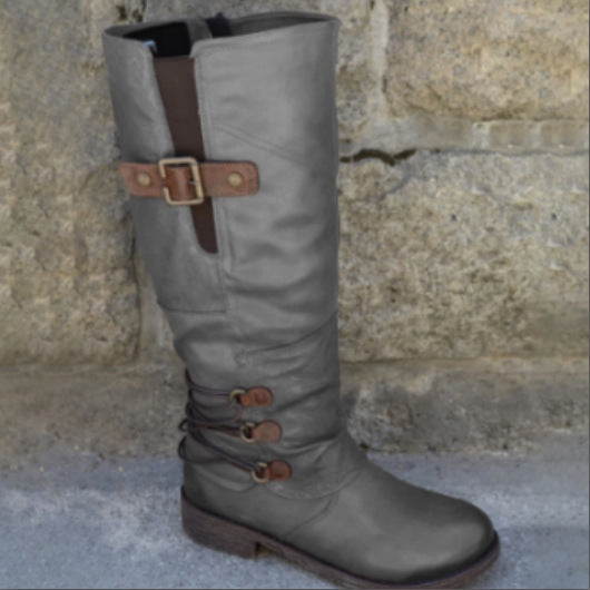 Damen nan wadenhohe Stiefel in Lederoptik mit verstellbaren Zierriemen und profilierter Gummisohle Drune