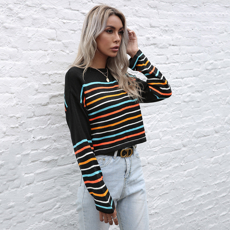 Damen Cropped Feinstrickpullover mit bunten Blockstreifen Drune
