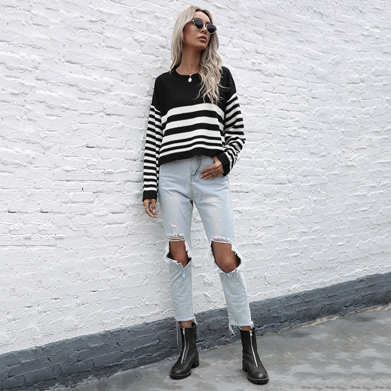 Damen Oversize-Feinstrickpullover mit Block- und Querstreifen Drune