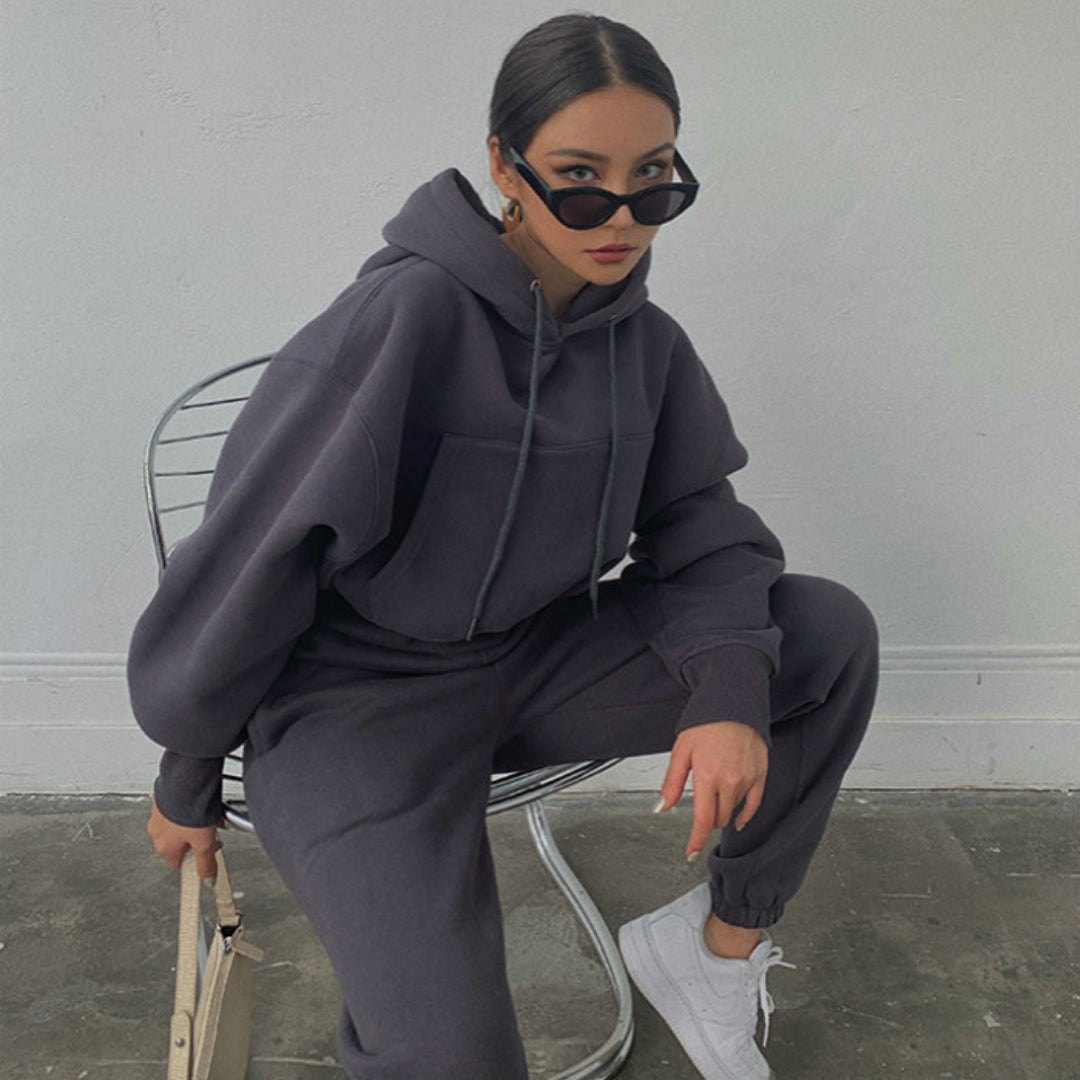 Damen nan kuscheliges kurzes Kapuzenpullover- und hochgeschnittene Jogginghose Set Drune