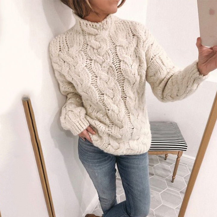 Damen Strickpullover mit extravagantem Zopfmuster und hohen Kragen Drune