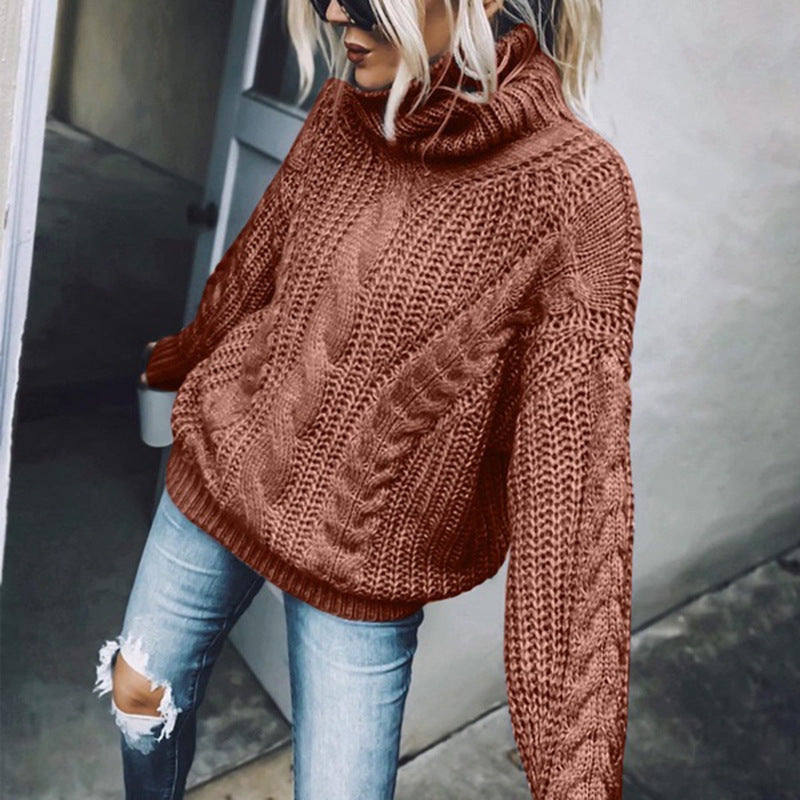 Damen nan Oversized Strickpullover mit grobem Zopfmuster und Rollkragen Drune