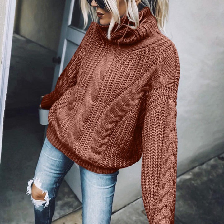 Damen nan Oversized Strickpullover mit grobem Zopfmuster und Rollkragen Drune