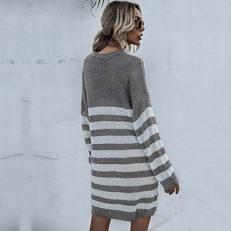Damen Strickkleid im Oversize-Look mit Blockstreifen und geripptem Saum Drune