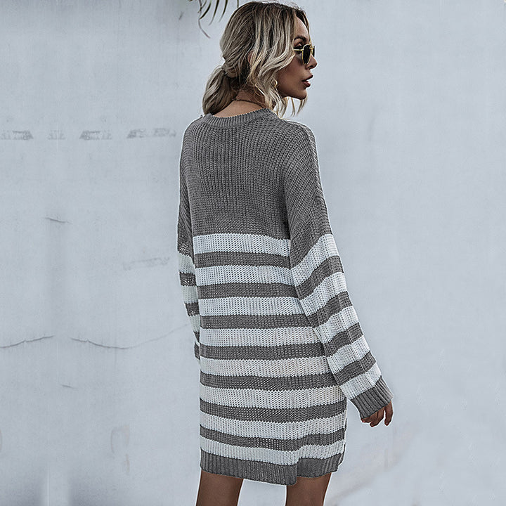 Damen Strickkleid im Oversize-Look mit Blockstreifen und geripptem Saum Drune