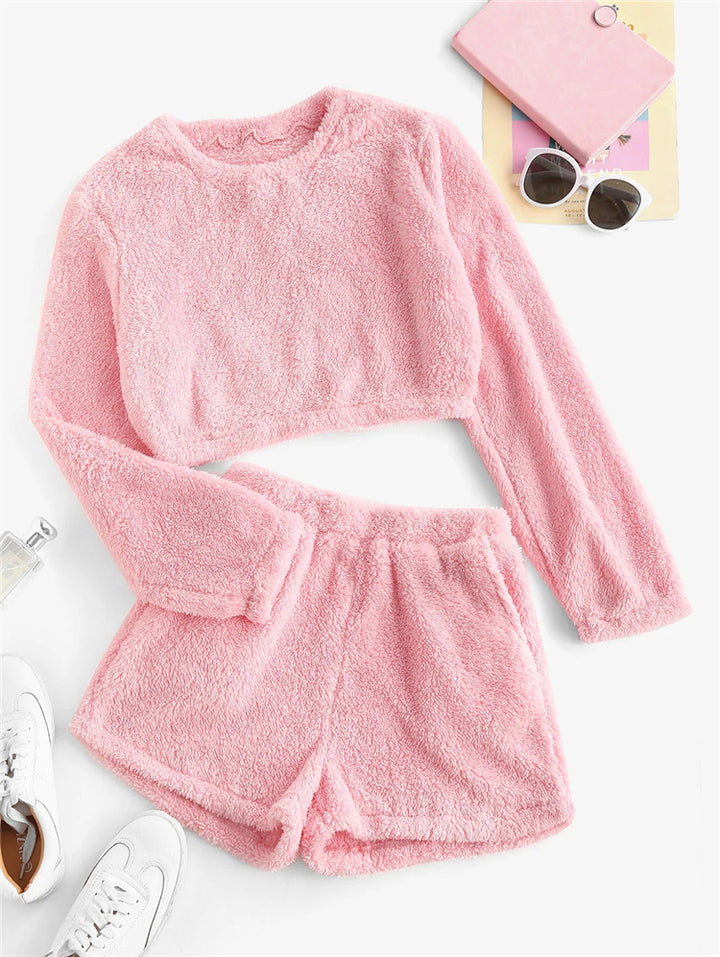 Damen Flauschiges Freizeit-Set mit cropped Oberteil Drune
