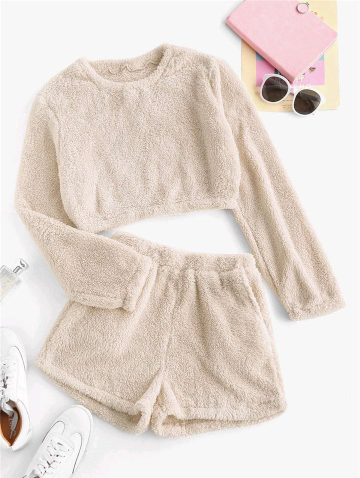 Damen Flauschiges Freizeit-Set mit cropped Oberteil Drune