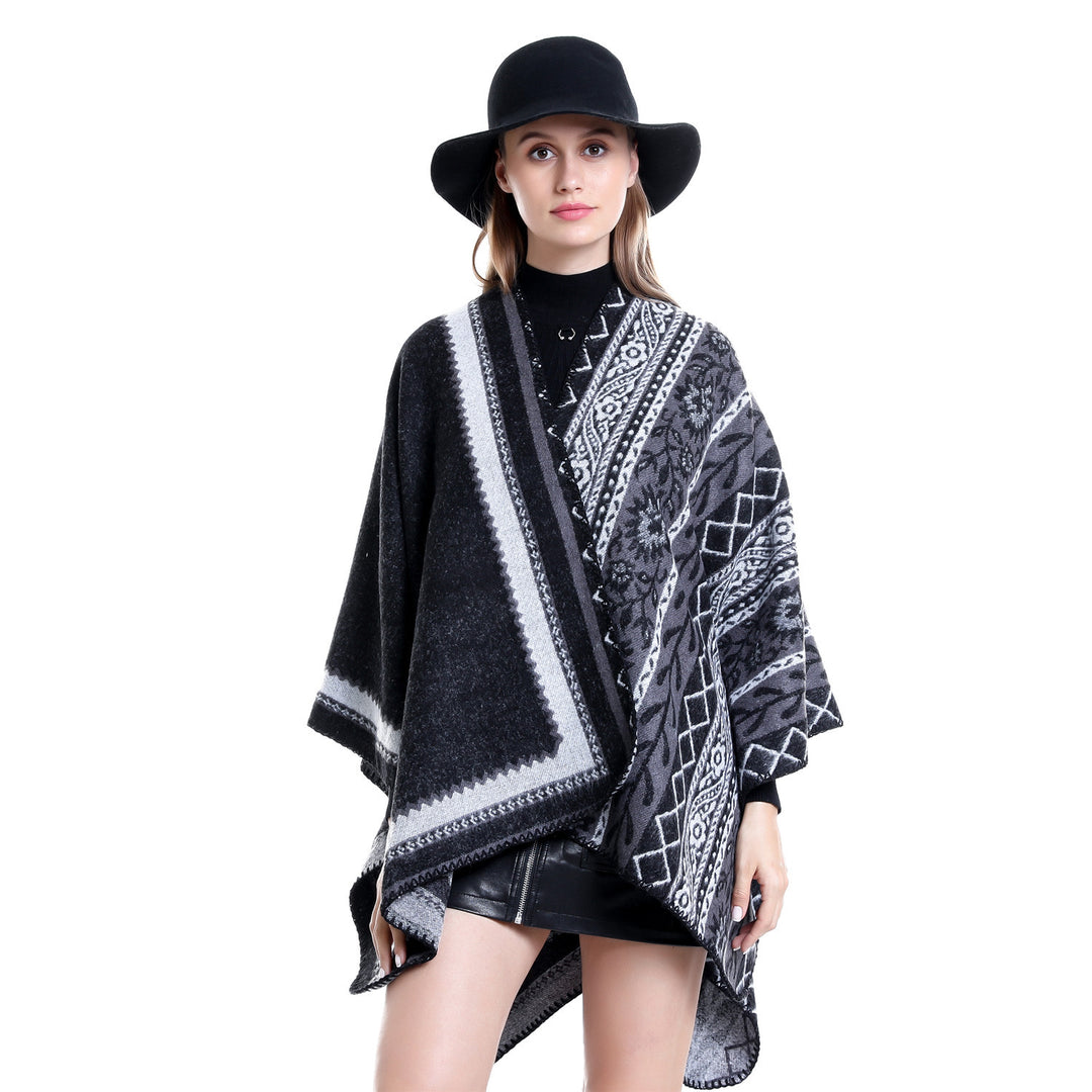 Damen Oversize-Ruana-Poncho mit Ornament-Jacquard und gehäkelter Kettelnaht Drune