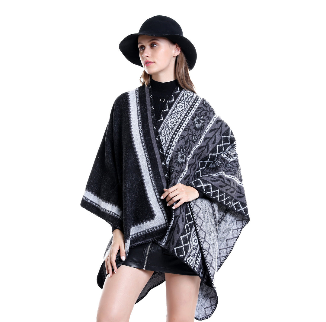 Damen Oversize-Ruana-Poncho mit Ornament-Jacquard und gehäkelter Kettelnaht Drune
