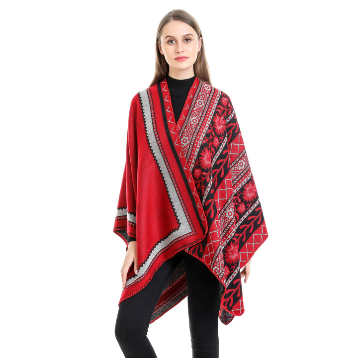 Damen Oversize-Ruana-Poncho mit Ornament-Jacquard und gehäkelter Kettelnaht Drune