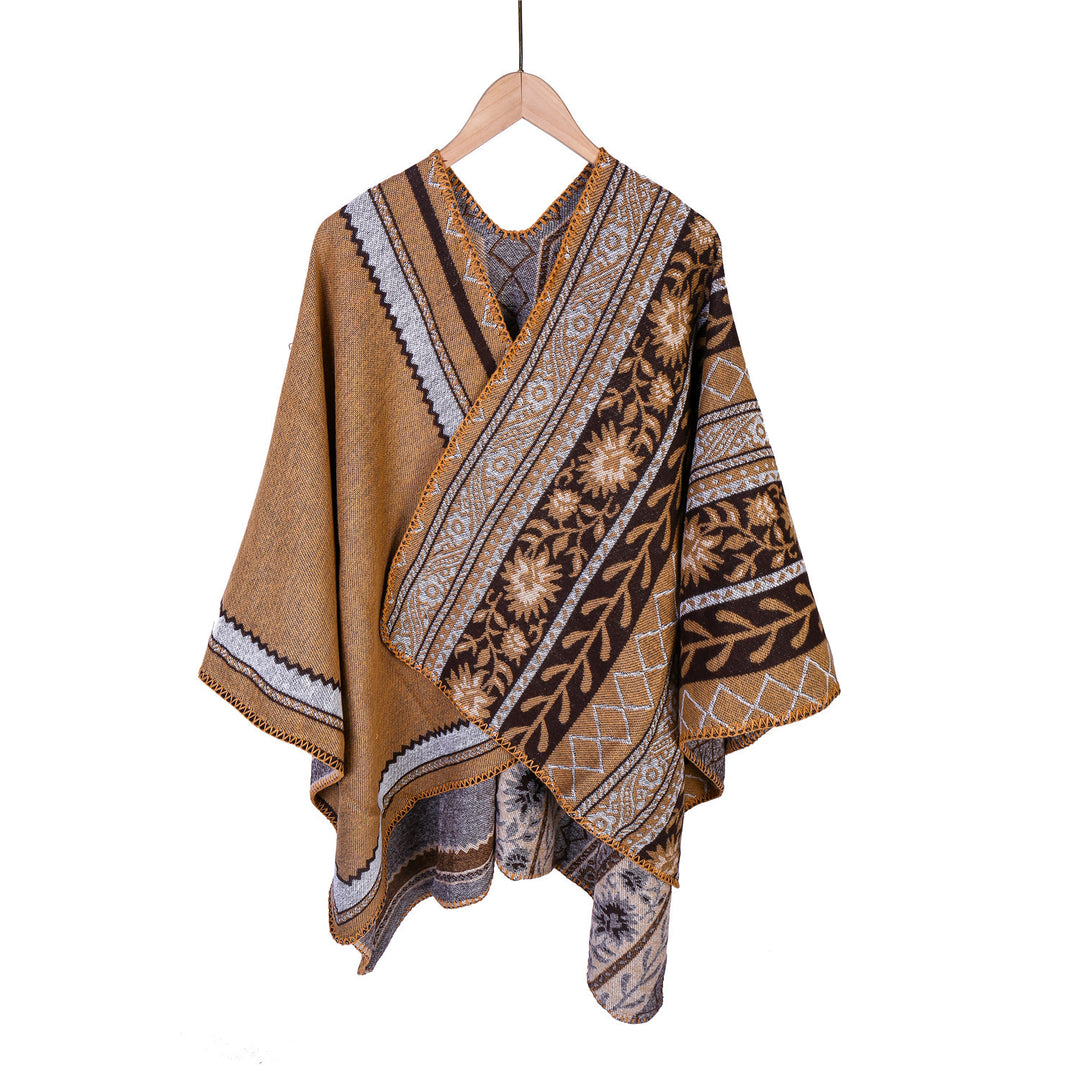 Damen Oversize-Ruana-Poncho mit Ornament-Jacquard und gehäkelter Kettelnaht Drune