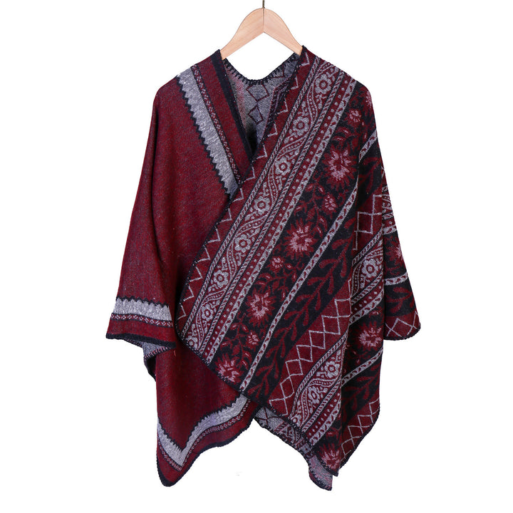 Damen Oversize-Ruana-Poncho mit Ornament-Jacquard und gehäkelter Kettelnaht Drune