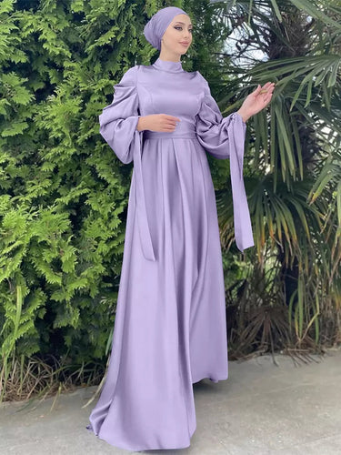 Drune | Elegantes Frauen Muslimisch Islamisch Saati Grosgrain Einfarbig Maxi Kleid Mit Gürtel