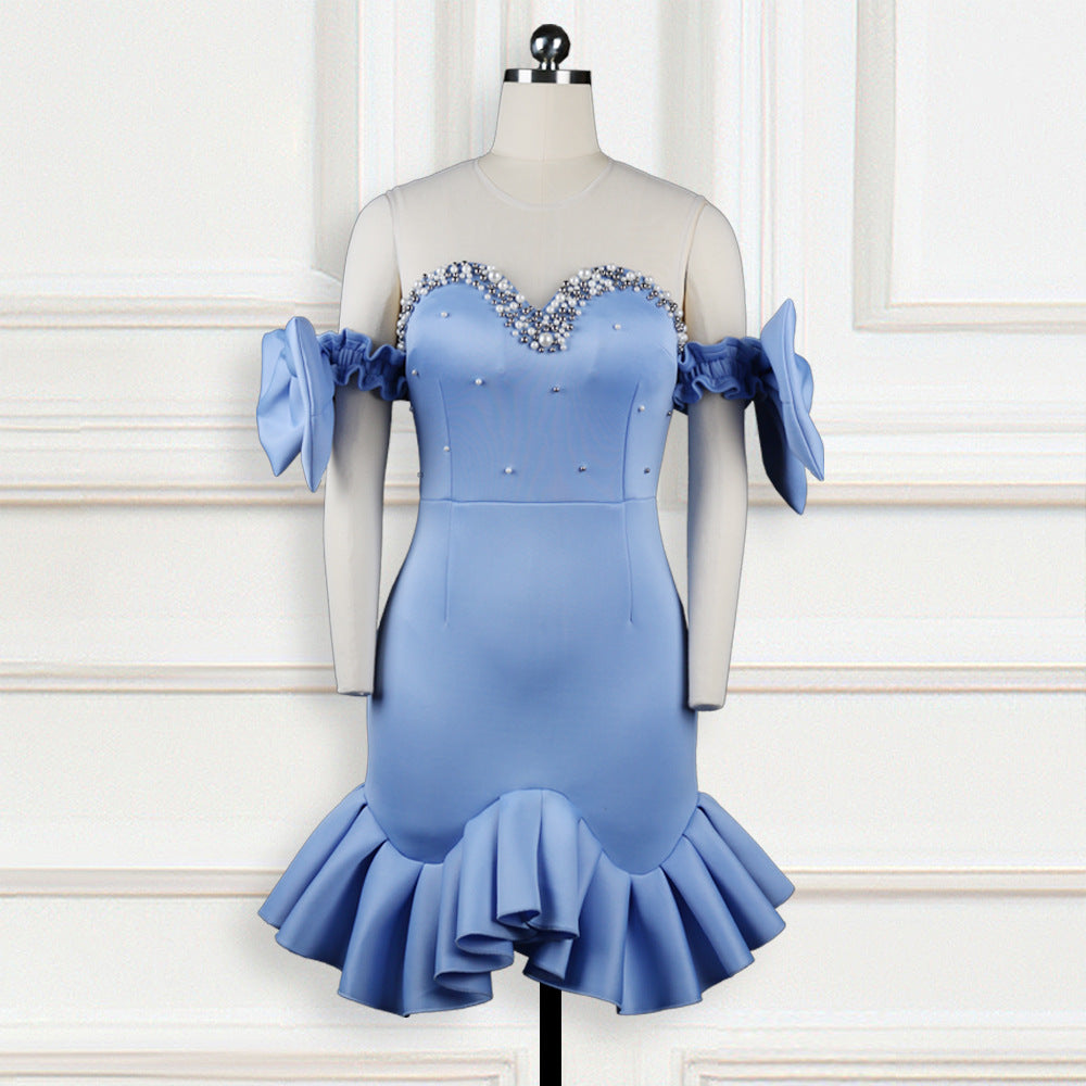 Damen glamouröses Cocktailkleid mit transparenten Puffärmeln und Rüschensaum Drune