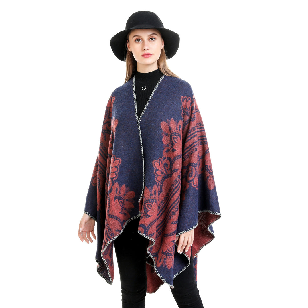 Damen Boho-Ruana mit floralem Ornamentjacquard und ausgefranster Kante Drune