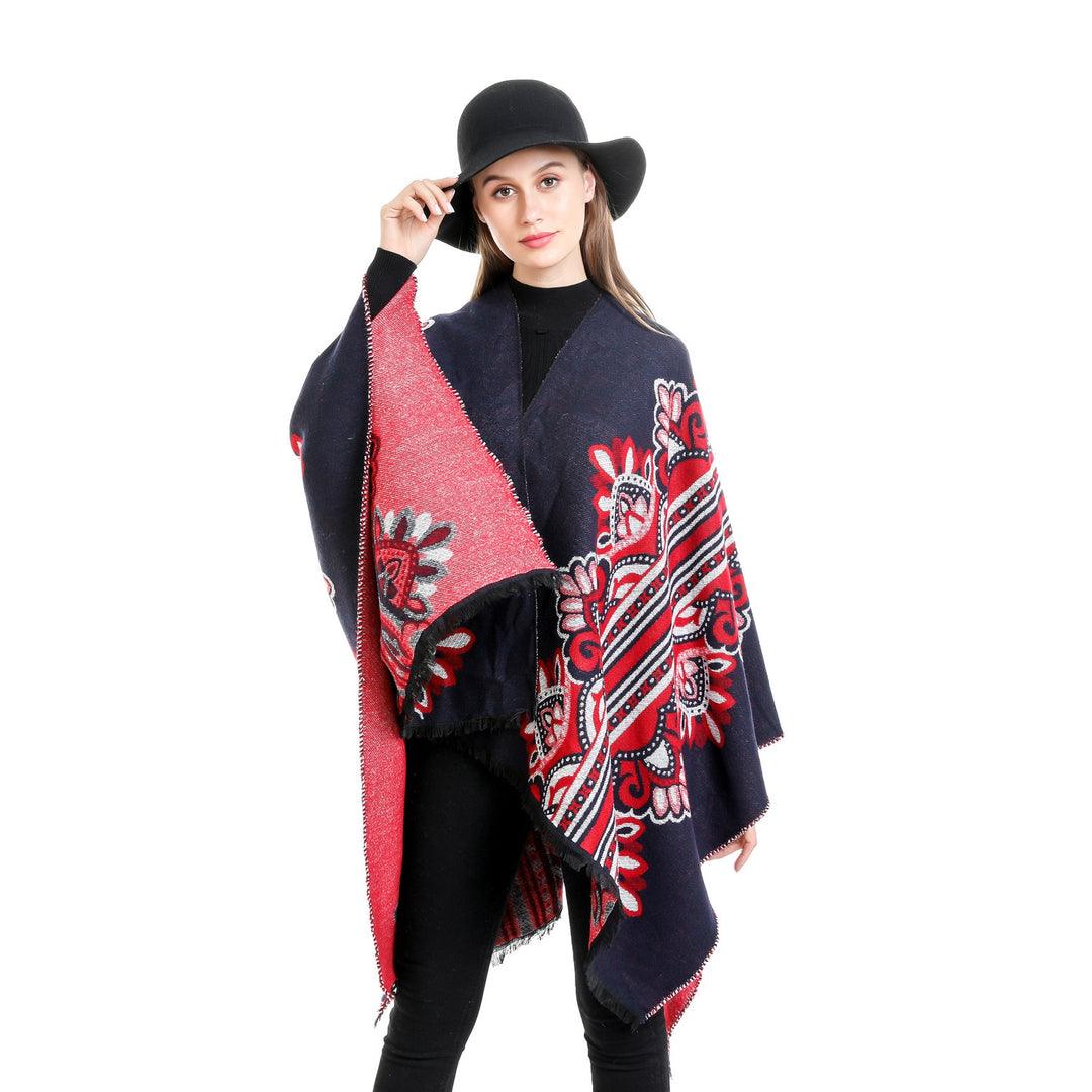 Damen Boho-Ruana mit floralem Ornamentjacquard und ausgefranster Kante Drune