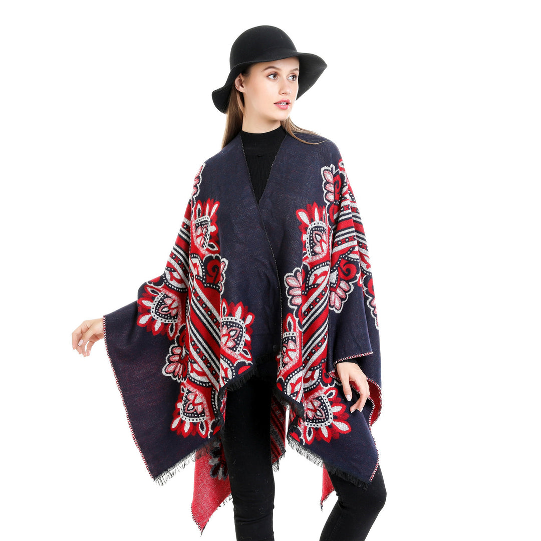 Damen Boho-Ruana mit floralem Ornamentjacquard und ausgefranster Kante Drune