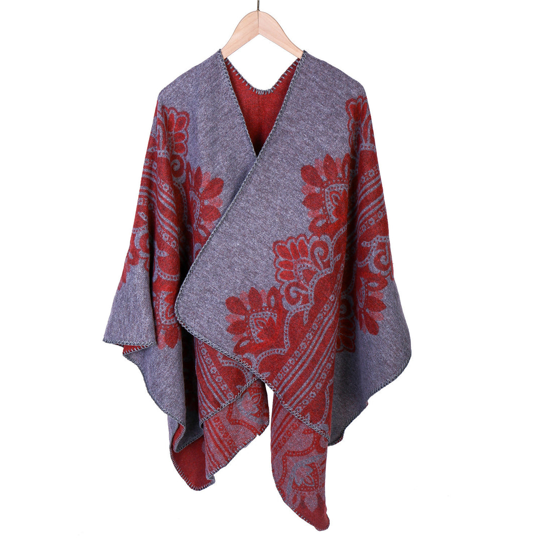 Damen Boho-Ruana mit floralem Ornamentjacquard und ausgefranster Kante Drune