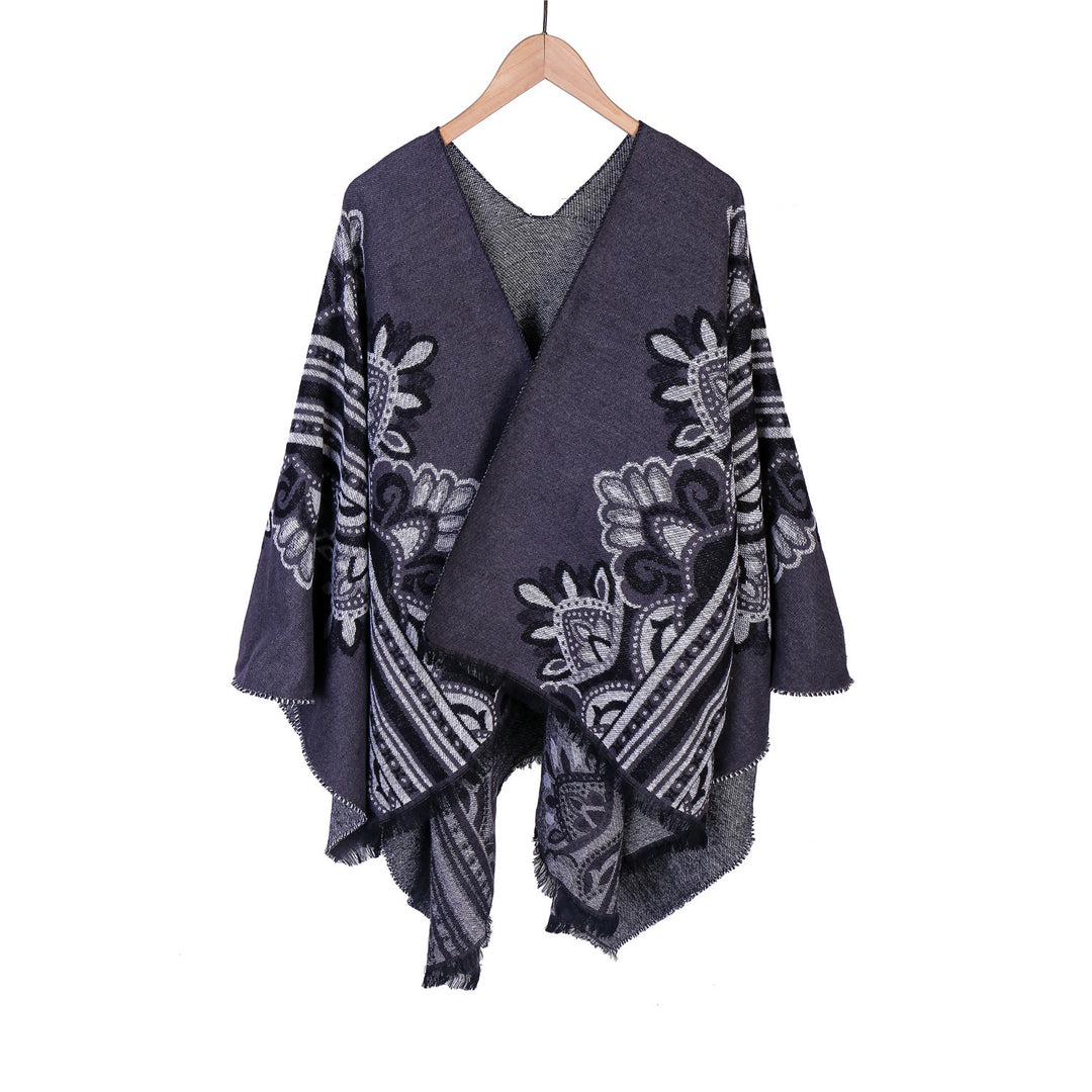 Damen Boho-Ruana mit floralem Ornamentjacquard und ausgefranster Kante Drune