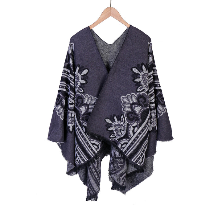 Damen Boho-Ruana mit floralem Ornamentjacquard und ausgefranster Kante Drune