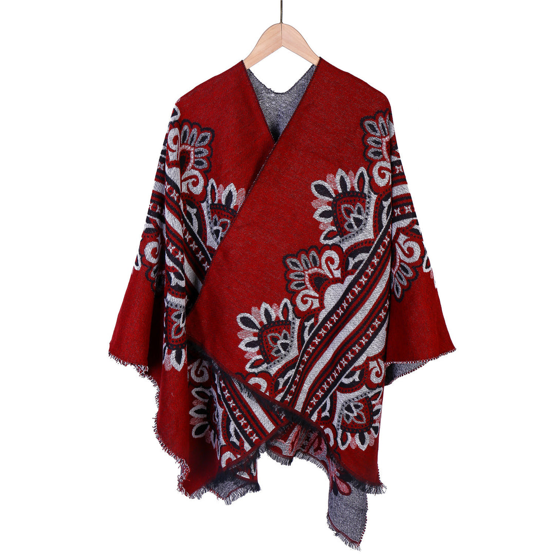 Damen Boho-Ruana mit floralem Ornamentjacquard und ausgefranster Kante Drune