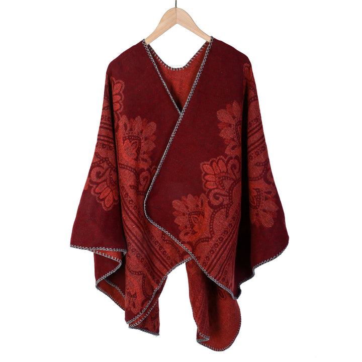 Damen Boho-Ruana mit floralem Ornamentjacquard und ausgefranster Kante Drune