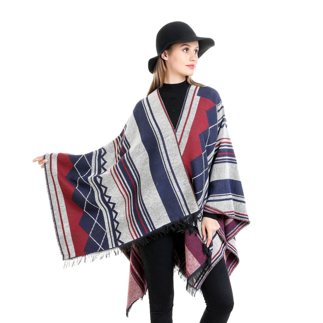 Damen Jacquard-Ruana im Oversize-Kimono mit Fransen und geometrischem Muster Drune
