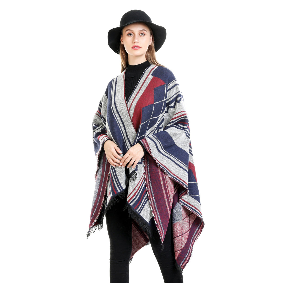 Damen Jacquard-Ruana im Oversize-Kimono mit Fransen und geometrischem Muster Drune
