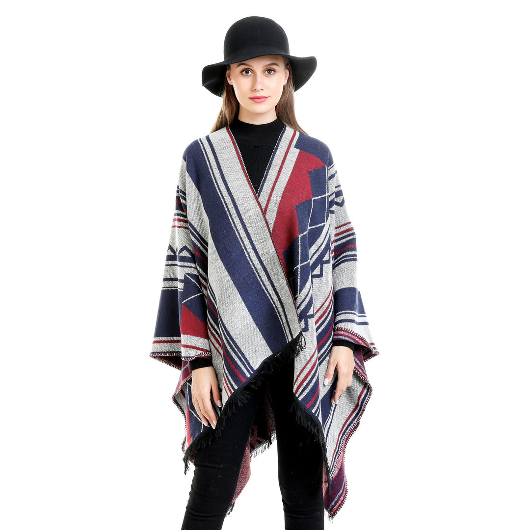 Damen Jacquard-Ruana im Oversize-Kimono mit Fransen und geometrischem Muster Drune