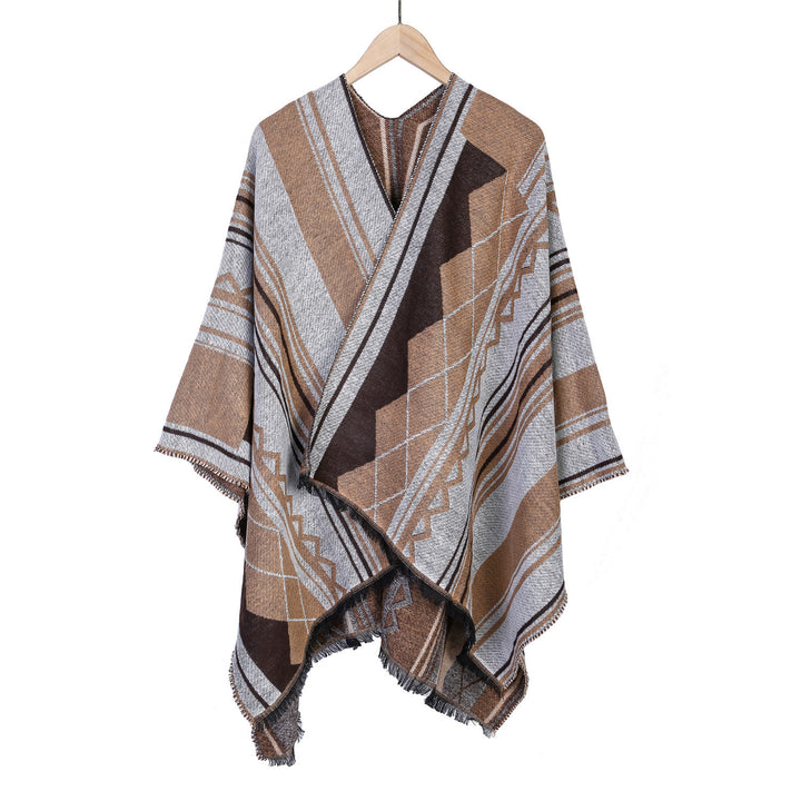 Damen Jacquard-Ruana im Oversize-Kimono mit Fransen und geometrischem Muster Drune