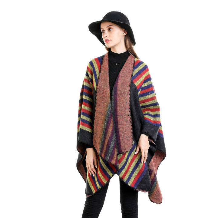 Damen Wendefreundliche Ruana im Oversize mit diagonalen Blockstreifen und dekorativer Zierkante Drune