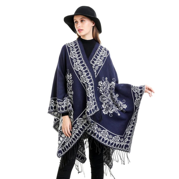 Damen Jacquard‑Poncho im Kimono‑Fall mit Fransensaum Drune