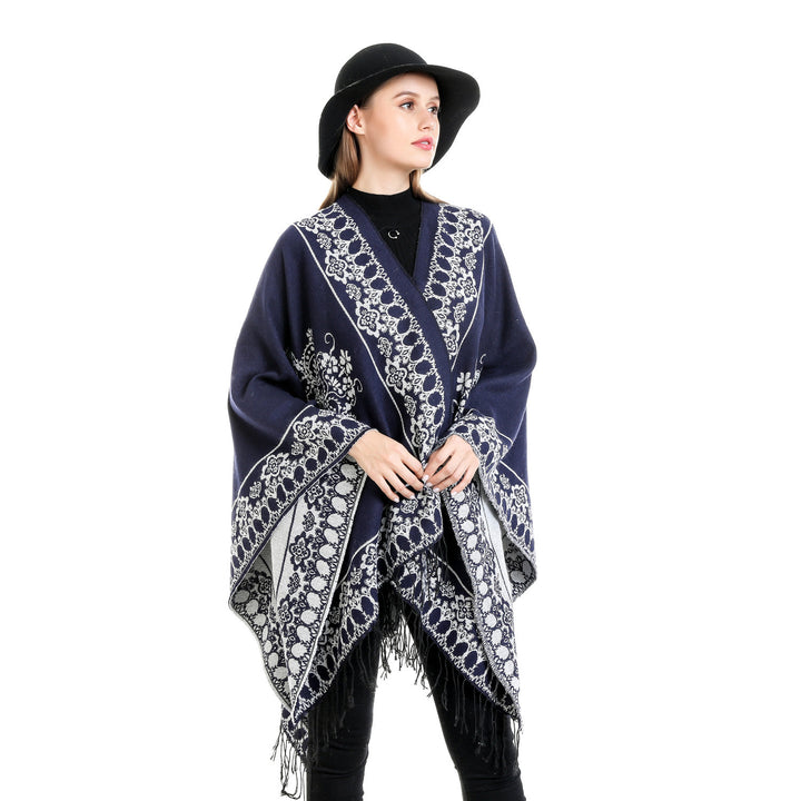 Damen Jacquard‑Poncho im Kimono‑Fall mit Fransensaum Drune