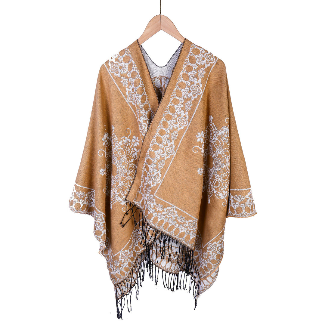 Damen Jacquard‑Poncho im Kimono‑Fall mit Fransensaum Drune