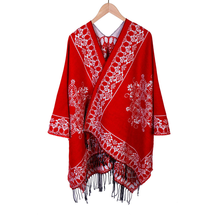 Damen Jacquard‑Poncho im Kimono‑Fall mit Fransensaum Drune