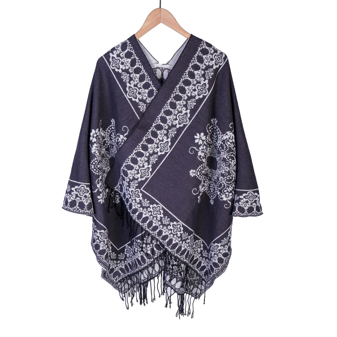 Damen Jacquard‑Poncho im Kimono‑Fall mit Fransensaum Drune