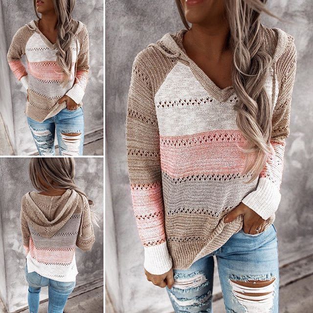 Damen Lockerer Strickkapuzenpullover mit Lochmuster und Eingrifftasche Drune