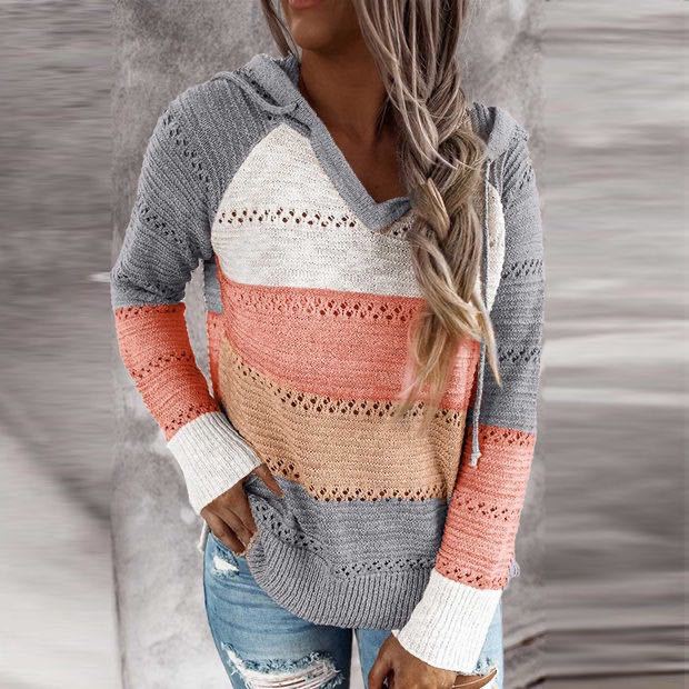 Damen Lockerer Strickkapuzenpullover mit Lochmuster und Eingrifftasche Drune