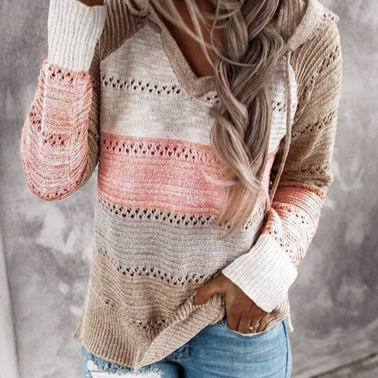 Damen Lockerer Strickkapuzenpullover mit Lochmuster und Eingrifftasche Drune