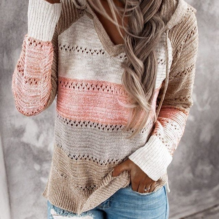 Damen Lockerer Strickkapuzenpullover mit Lochmuster und Eingrifftasche Drune