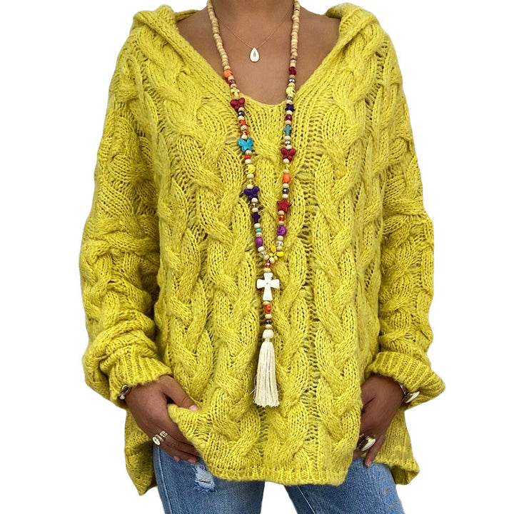 Damen nan oversized Kapuzenpullover mit Zopfmuster, tiefem V-Ausschnitt und seitlichen Schlitzen Drune