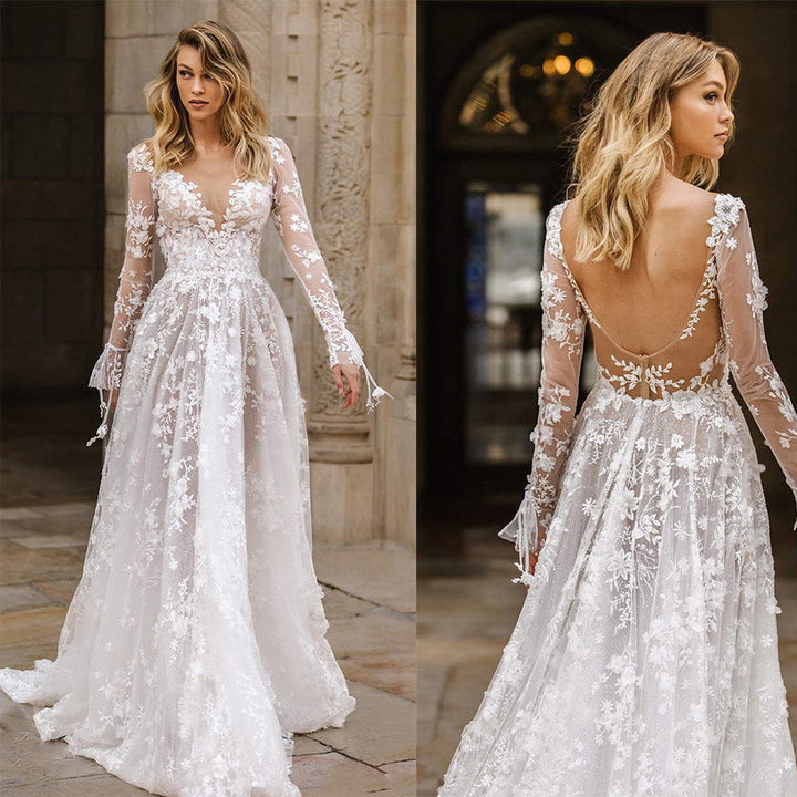Damen Elegantes Hochzeitskleid mit floralen Spitzenapplikationen und tiefem V-Ausschnitt Drune